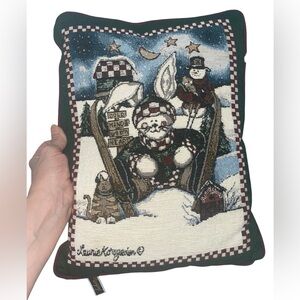 Christmas Tapestry Throw Pillow Bunny Winter Scene Home Decor 12” X 16”